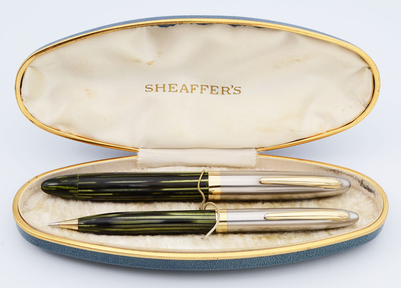 Sheaffer Triumph Sentinel DeLuxe 1500 Fountain Pen Set (1947) - First Version, Green Striated, Vac-Fil,  (Excellent + In Box, Restored)