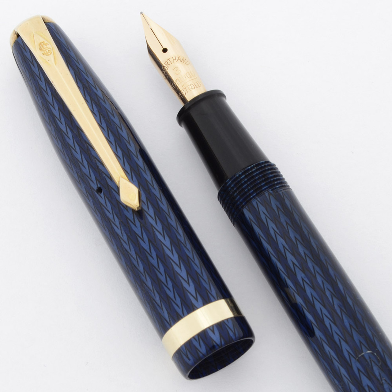 Conway Stewart Shorthand Fountain Pen (1950s) -  Blue Herringbone,  Lever Filler, 14k Shorthand #3 Nib (Excellent, Restored)