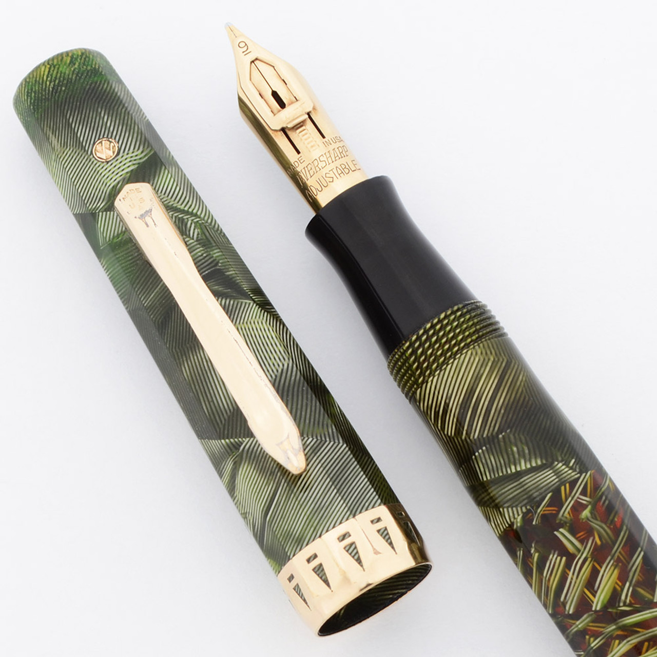 Wahl Doric II Gold Seal Oversize Fountain Pen (1930s) - Green Hatch, 5-7/16", Vac-Fil, #9 Adjustable Nib (Excellent, Restored)