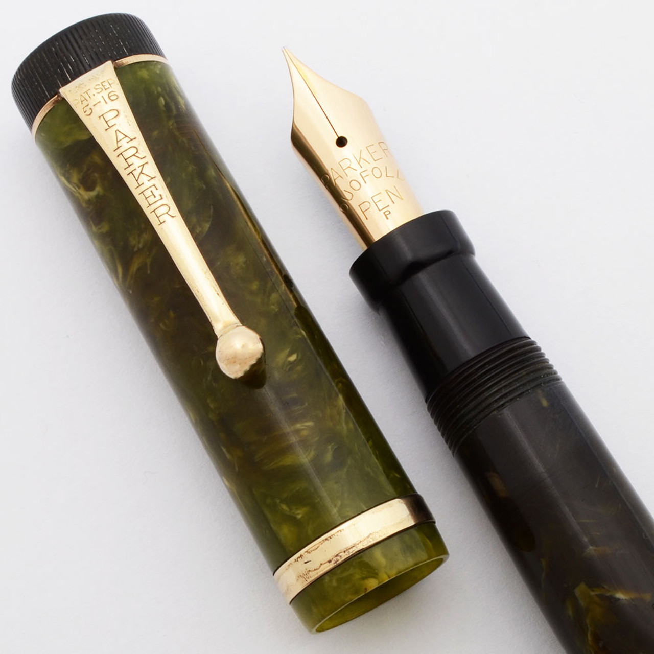 Parker Duofold Senior Fountain Pen (1920s)  - Dark Green Jade w Raised Band, Button Filler,  Fine Duofold Nib (Very Nice, Restored)