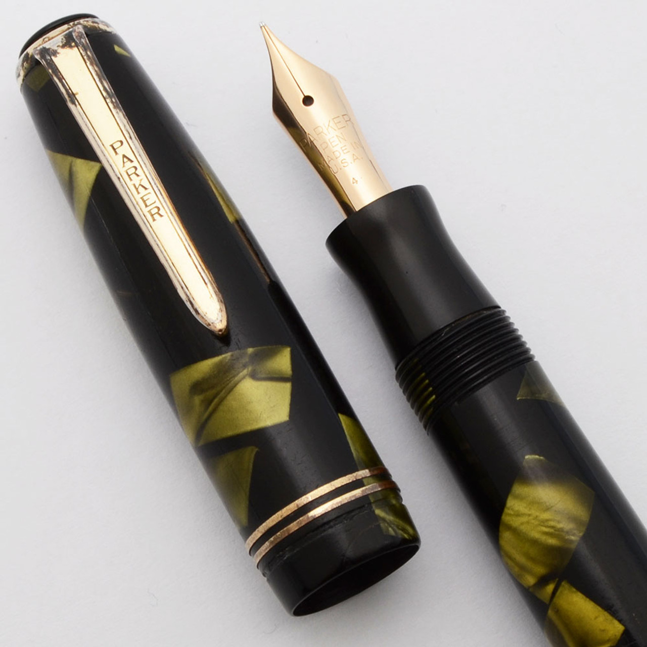 Parker Deluxe Challenger (1934) - Green & Black Marble, Tapered Clip, GT,  Full Size, Button Filler, Fine Flexible Nib (User Grade, Restored)