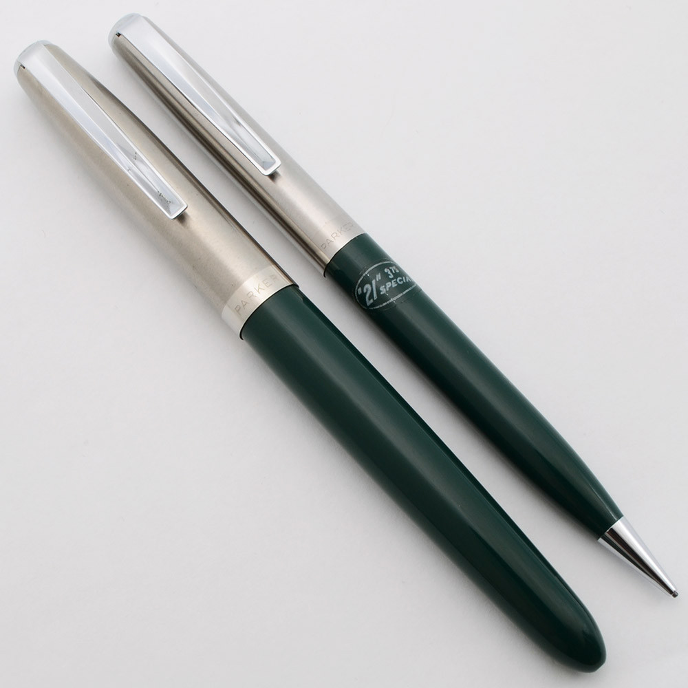 【26031908】Parker ダークグリーン 万年筆 Parker 21 Fountain Pen and Pencil Set (1954) - Trough Clips