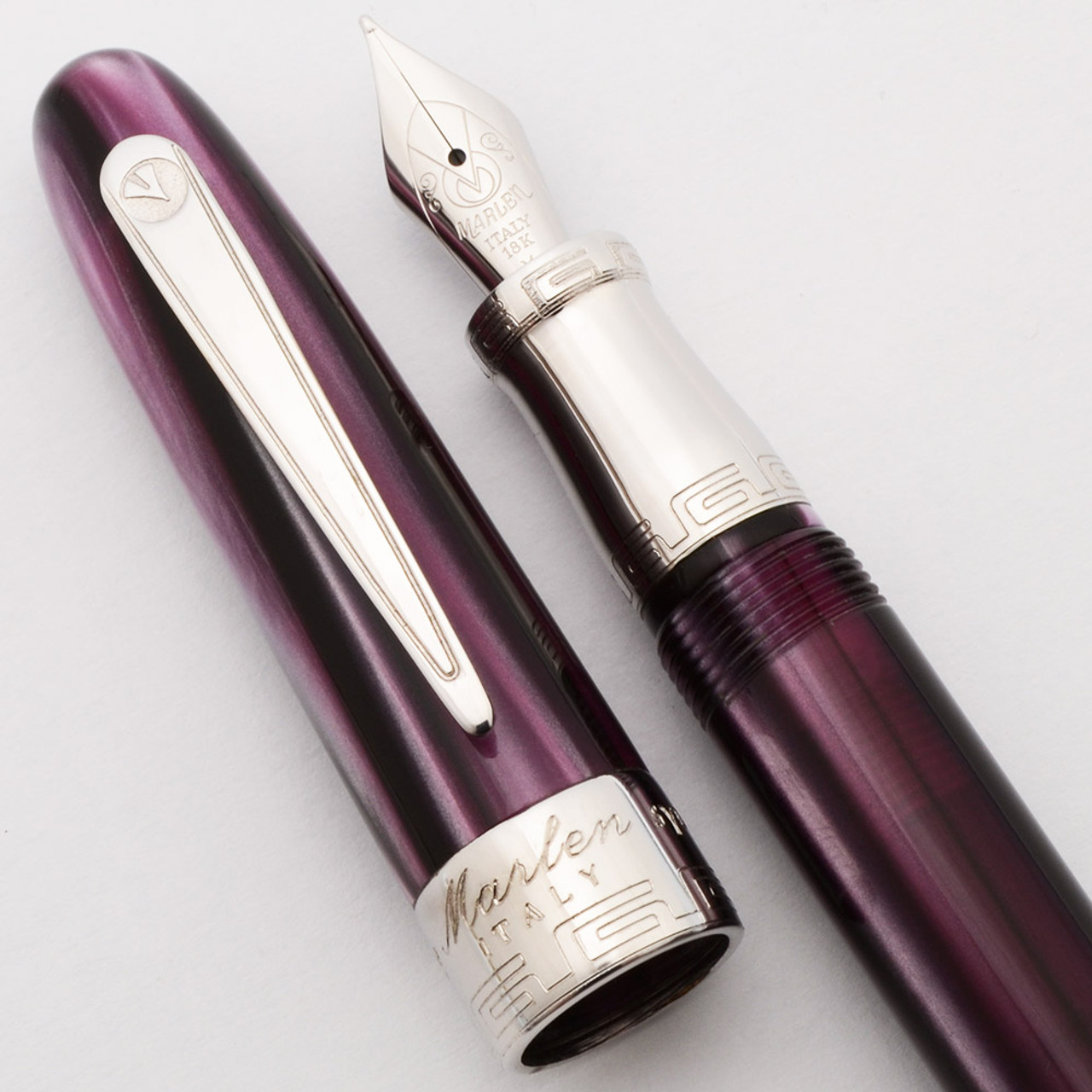 Marlen Sydney Fountain Pen (2000) - Purple Black Stripe Resin w Silver Trim, C/C, 18k Medium Nib (Near Mint, Works Well)