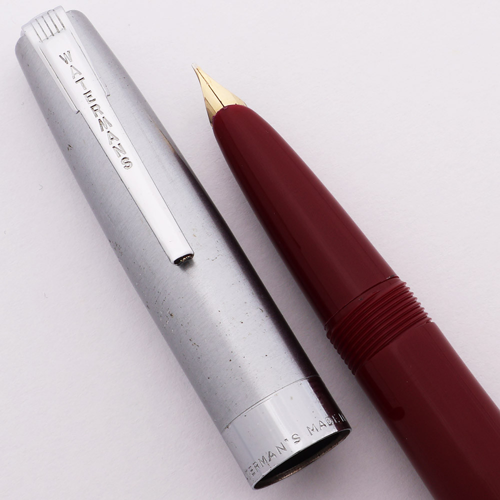 Waterman Taperite "New" Crusader Fountain Pen (1950s) -  Red, Steel Cap, Medium-Fine Semi-Flex 14k Nib (Excellent, Restored)
