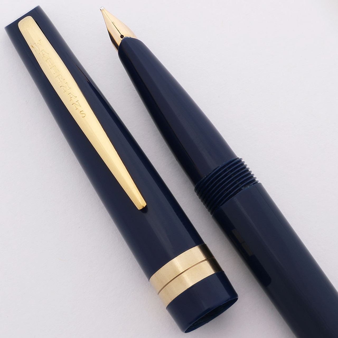 Waterman 300 Fountain Pen (UK, 1960s) - Dark Blue w/GT,  Aerometric, Broad 14k Taperite Nib (Excellent +, Restored)