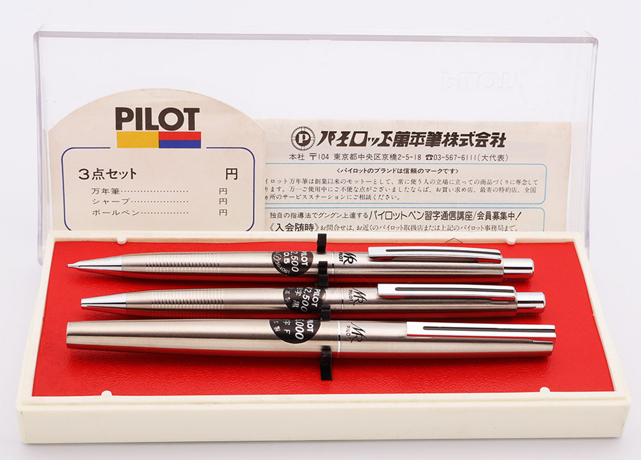 Pilot Long Murex Fountain Pen 3-pc Set (1980) - Stainless Steel, C/C, Fine Integrated Nib, Hard to Find (NOS, In Box)