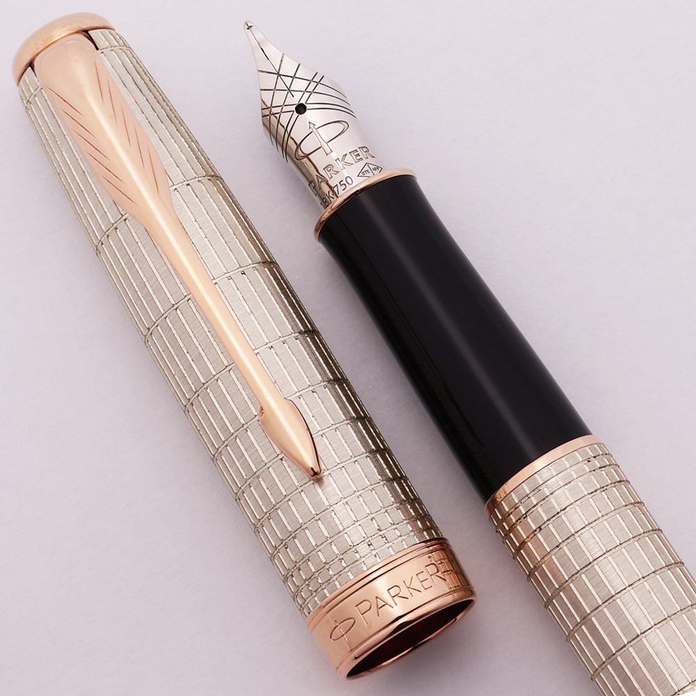 Parker Sonnet Fountain Pen (France, 1993) - Satin Grid (Sterling?) w Rose Gold Trim, C/C, 18k Fine Nib (Excellent, Works Well)