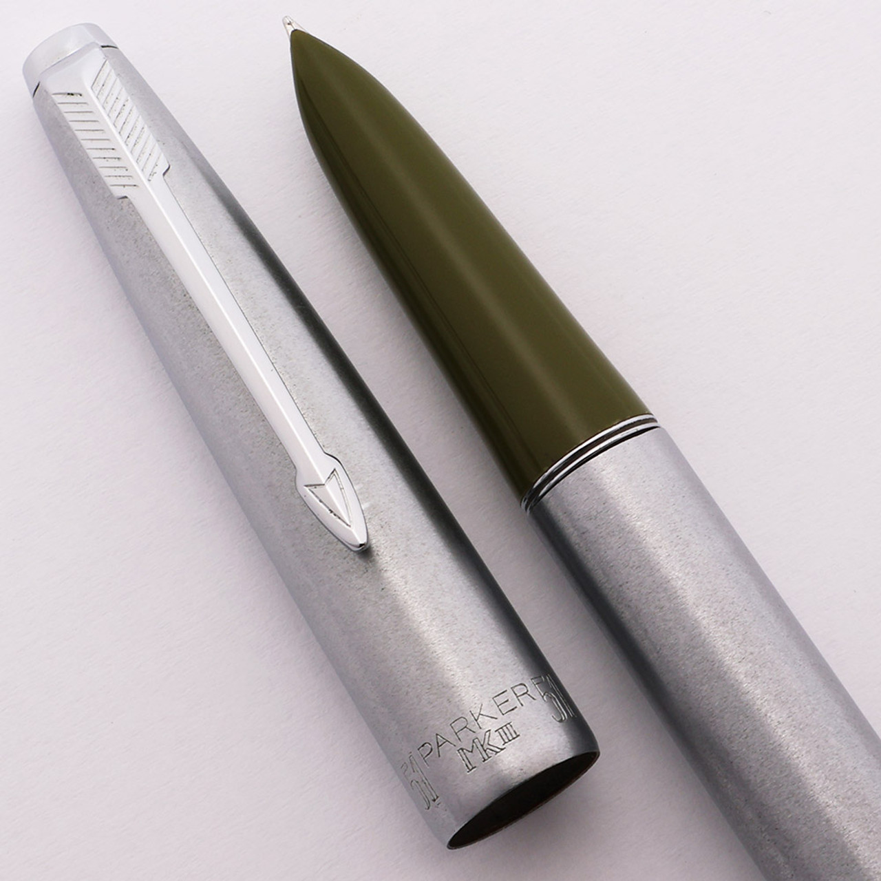 Parker 51 Aerometric Mark IIII (Brazil, 1970s) - Lustraloy, CT, Olive Green  Section, Medium Steel Nib (Excellent + in Box, Works Well)