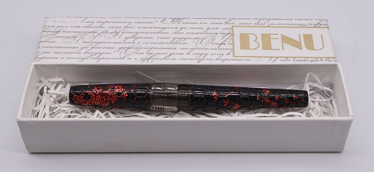 Benu Hexagon Fountain Pen (2019)  - Red/Black Sparkle, C/C, Fine GP Iridium Point Nib (Excellent +, in Box, Working Well)