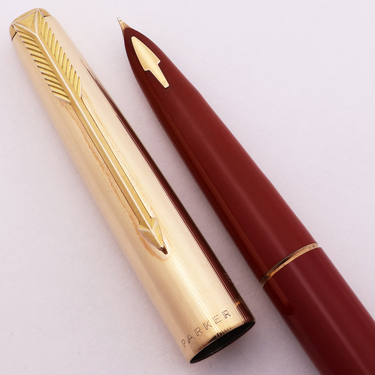 Parker 61 Fountain Pen Mk II (1962-69) - Rage Red, Gold Filled Line Pattern Cap, Double Jewel, Fine Gold Nib (Excellent, Works Well)