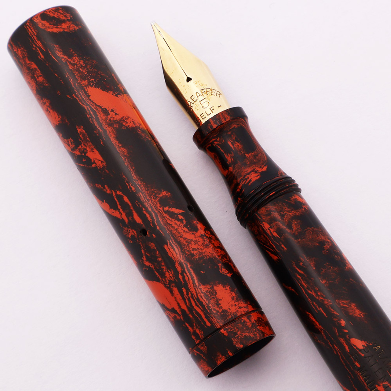 Sheaffer Flat Top Oversized Self Filling  #5 (1920s) -  Mottled Red HR, Early Imprint, Medium Flexible #5 Nib (Excellent +, Restored)