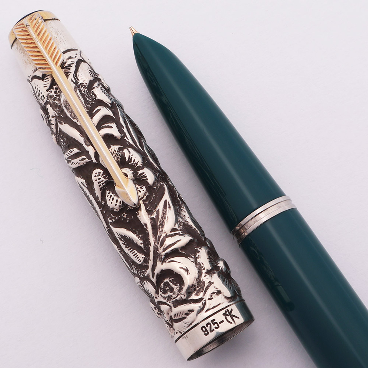 Parker 51 Ariel Kullock Aerometric -  Teal w Sterling Figural "Floral" Cap, Fine Gold Nib (Excellent +,  Works Well)