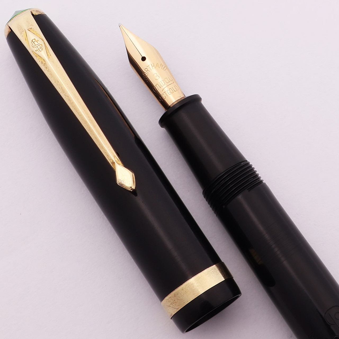 Conway Stewart Shorthand Fountain Pen (1950s) -  Black w GT,  Lever Filler, 14k Shorthand #3 Nib (Excellent, Restored)