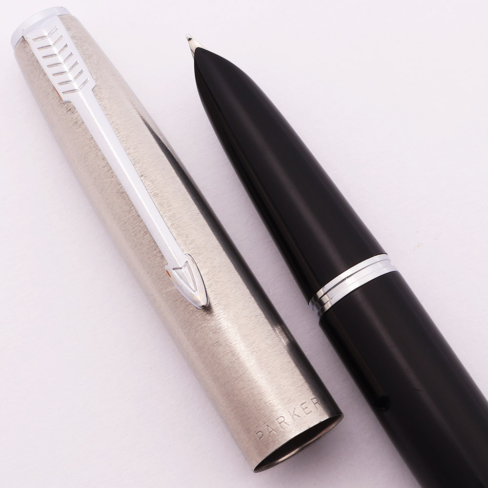 Parker Super 21 Fountain Pen (1950s) - Black w/Lustraloy Cap, Aerometric Filling System, Fine Hooded Nib (Very Nice, in Box, Works Well)