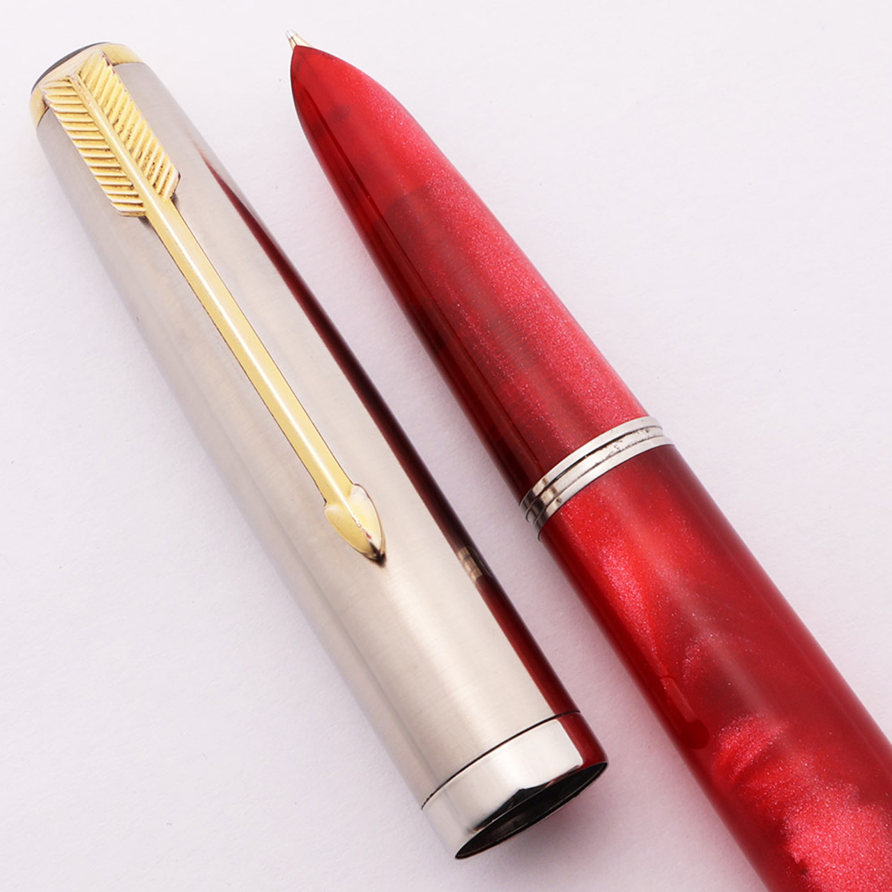 Parker 51 Vacumatic Kullock "Fantasy" - Marbled Red Shimmer, Lustraloy Cap, Fine Gold Nib (Excellent, Restored)