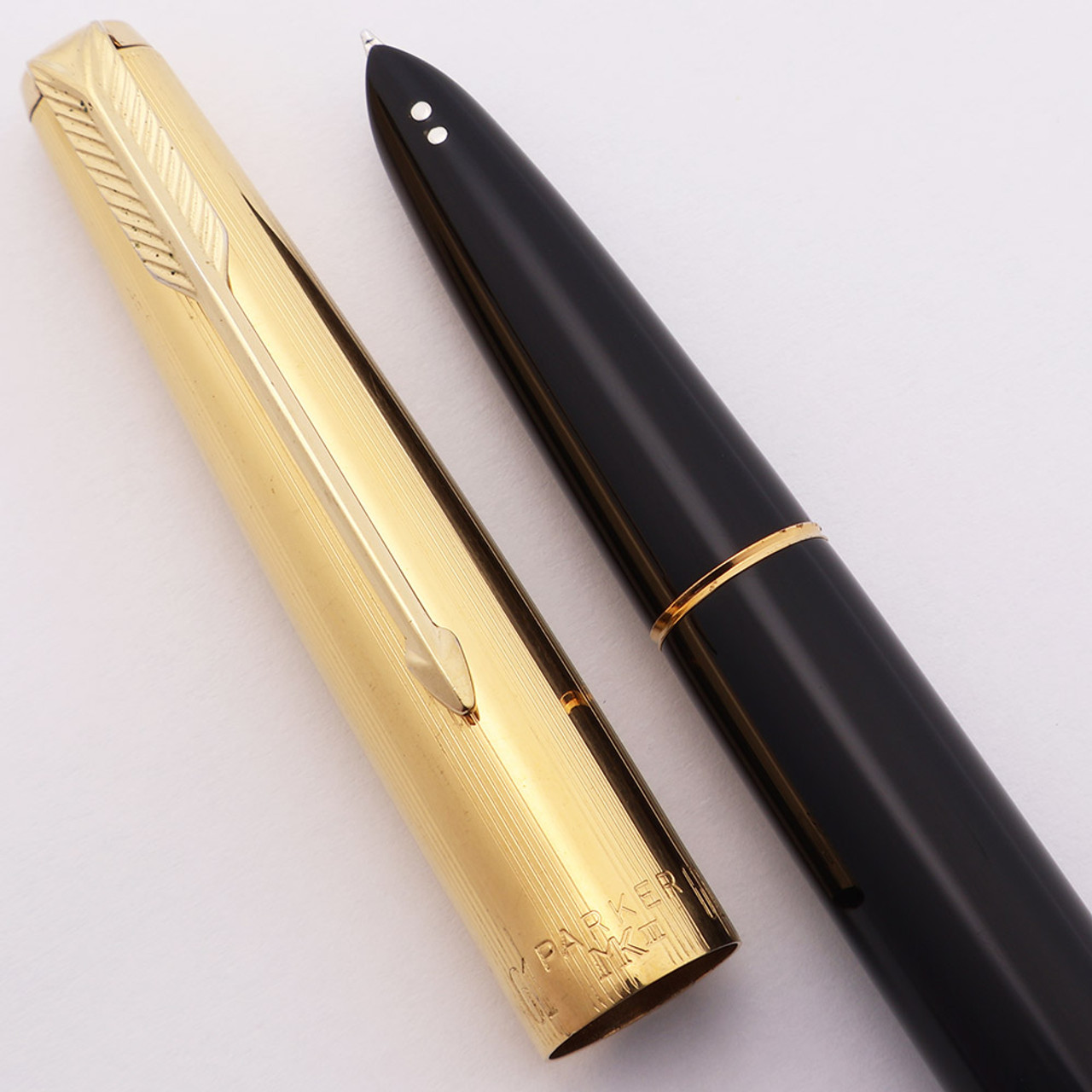 Parker 61 Mk II Aerometric Fountain Pen (Argentina 1959-62) - Black, Gold Lines Cap, Black Jewels, Fine Octanium Nib (Excellent, Works Well)