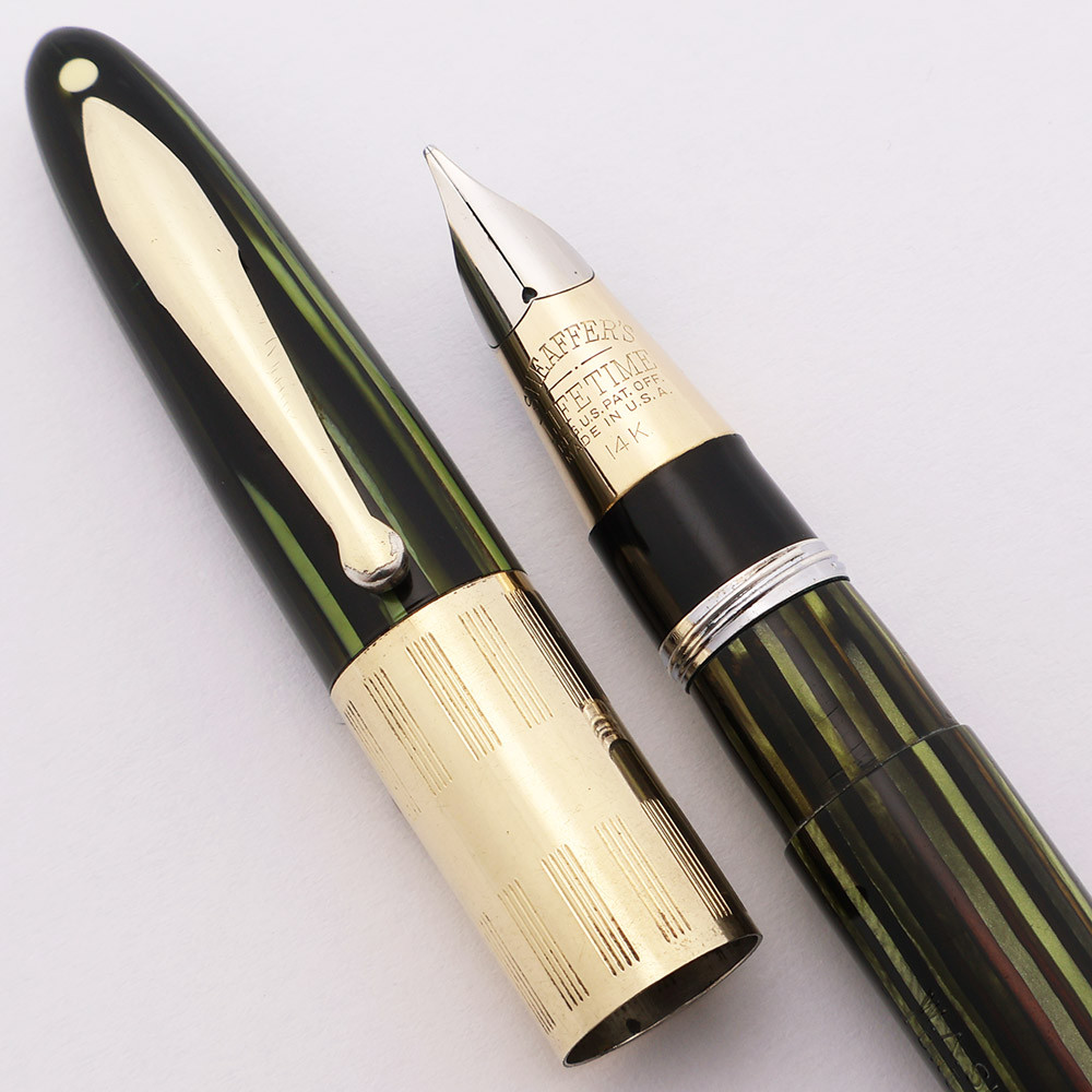 Sheaffer Lifetime Triumph Standard (1940s) - Green Striated, Wide Cap Band, Vac-Fill, Fine 14k Triumph Nib (Excellent, Restored)