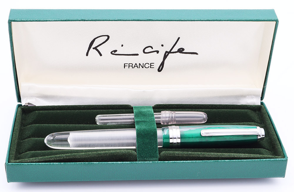 Recife Crystal Fountain Pen  (2005)- Crystal Barrel w/Green Cap & Chrome Trim, Eyedropper Filler, Medium-Fine Iridium Point Nib (Excellent, In Box))