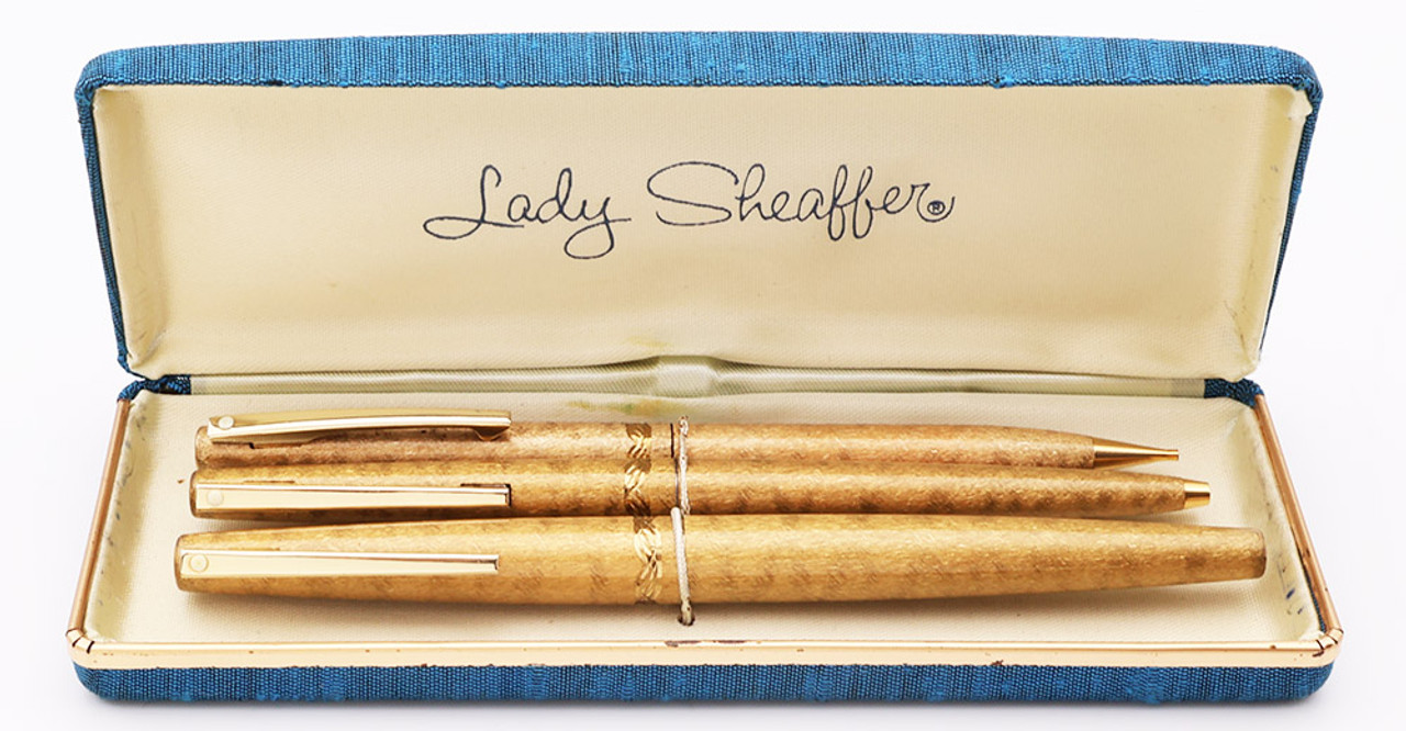 Lady Sheaffer Stylist 3pc Set - FP/BP/MP, Moire Gold, Medium 14k Triumph Nib (Excellent + in Box, Works Well)