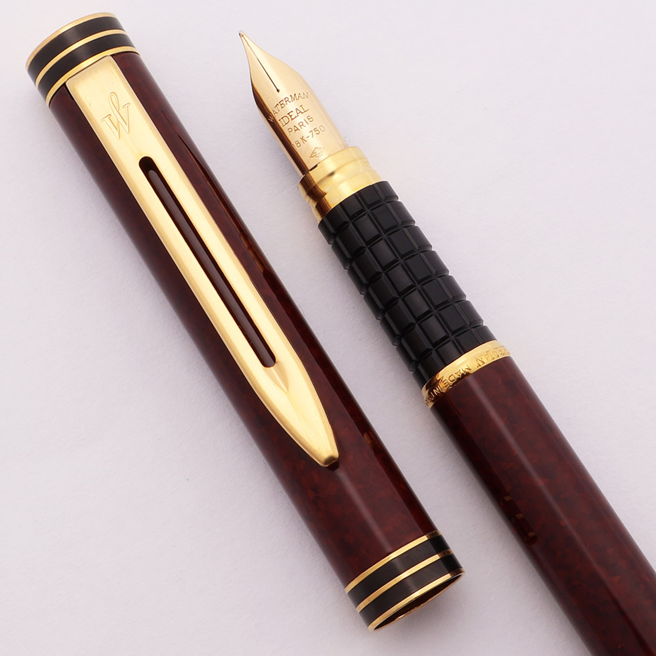 Waterman Exclusive Fountain Pen (1980s/90s) - Burgundy Mottled, C/C, Fine 18k Ideal Nib (Excellent, Works Well)