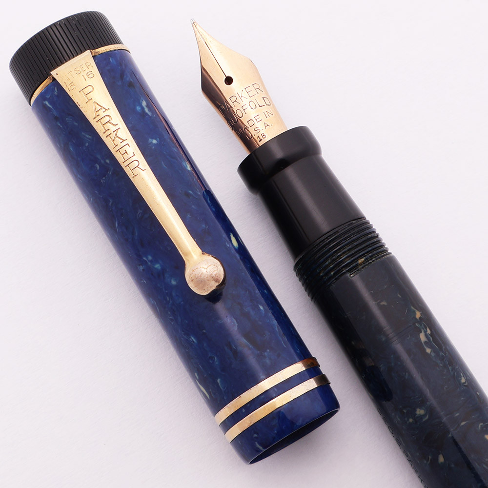 Parker Duofold Junior Fountain Pen (1930s) - Blue Lapis, Button Filler, Fine Parker Duofold Nib (Excellent, Restored)