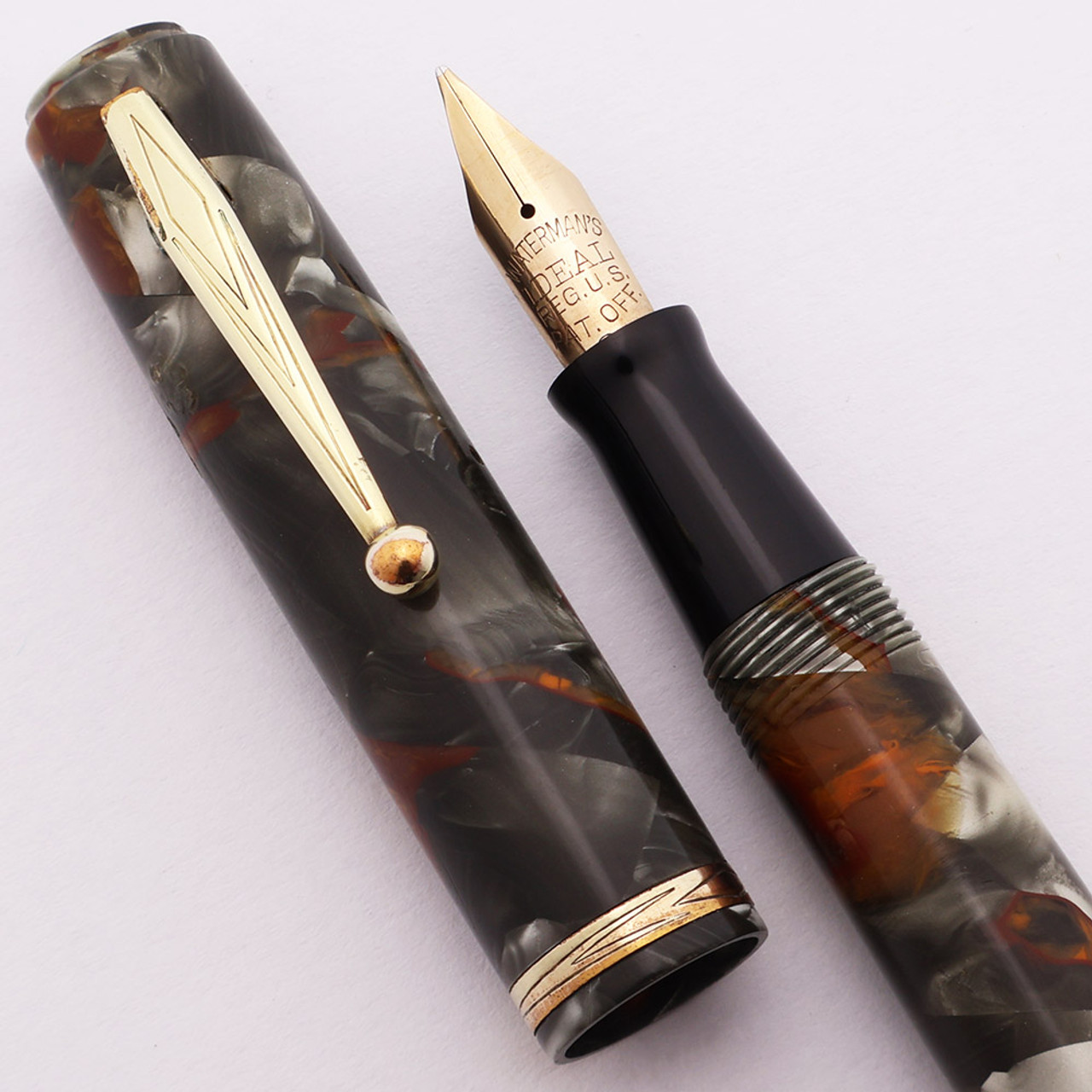 Waterman 92 Fountain Pen (USA) - Gray & Orange Marble, Flexible Medium Ideal Nib (Excellent, Restored)