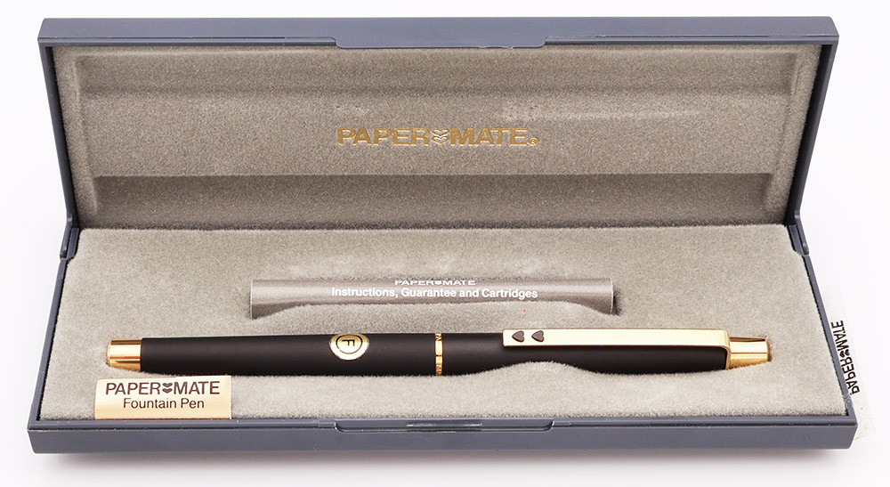 Papermate "Profile" Fountain Pen (W. Germany, 1980s) -  Matte Black w/GT, C/C, Fine Gold Plated Nib (Near Mint in Box, Works Well)