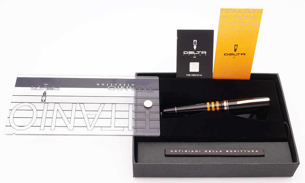 Delta Titanio Ti 22 Fountain Pen (1982) - Black w Chrome Trim and Gold Marble Bands, C/C, Fine Fusion Nib (Near Mint in Box, Works Well)