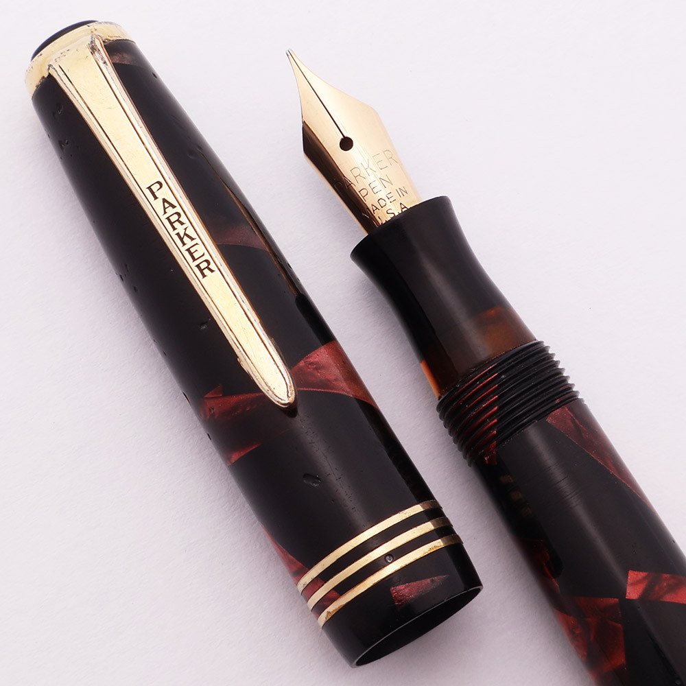 Parker Deluxe Challenger (1938) - Red Marble, Tapered Clip, Small Size, Button Filler, Fine Parker Pen Nib (Very Nice, Restored)