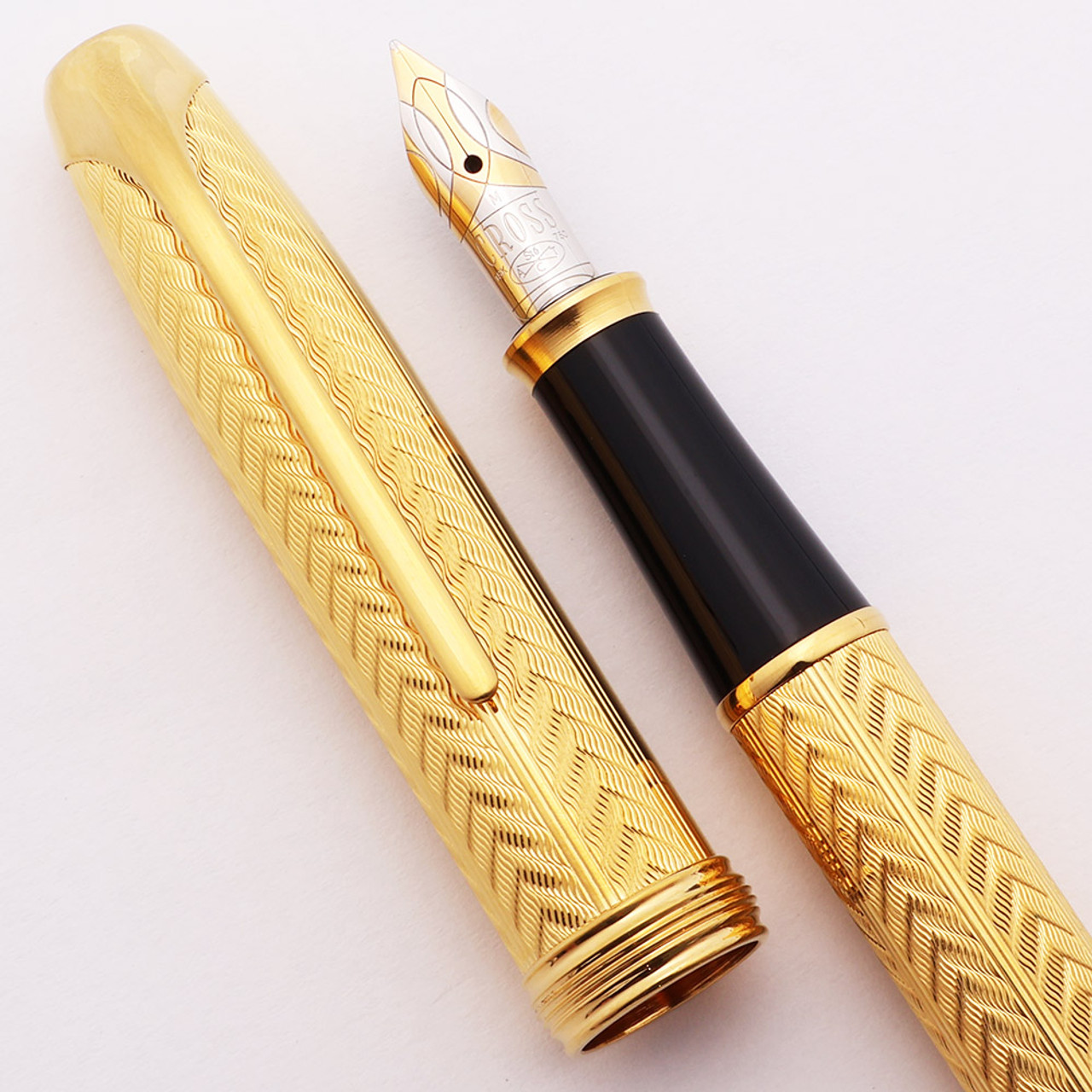 Cross Pinnacle Fountain Pen - 22K Gold Plated, Chevron Pattern, 18k Medium Nib (Excellent +, Works Well)