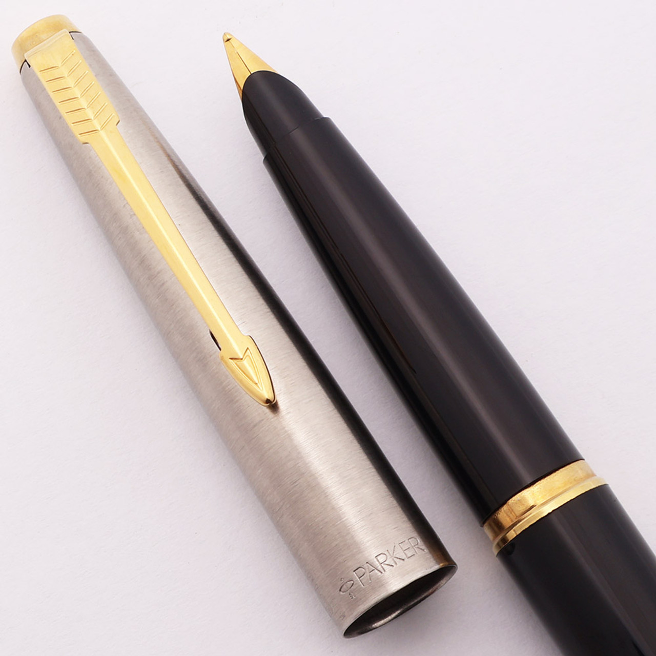 Parker 45 Flighter Deluxe Fountain Pen (1970-79) - Brushed Chrome w/Gold Trim, C/C, Medium Gold Plated Nib  (Excellent, Works Well)