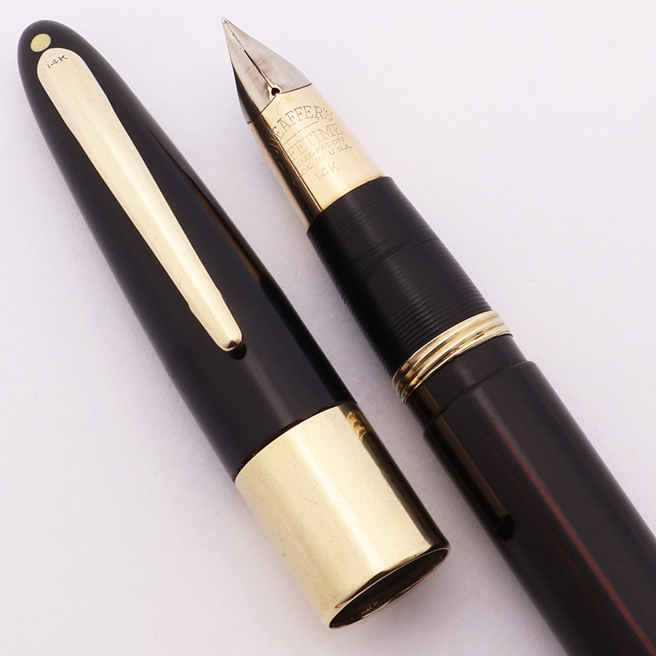 Sheaffer Triumph 2000 Autograph Fountain Pen (1940s) - Black w 14k Wide Band and Clip, Vac-Filler, Fine 14k Triumph Nib (Excellent, Restored)