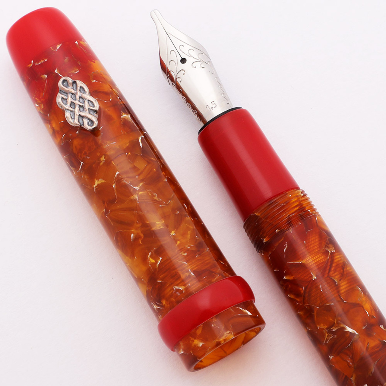 PSPW Prototype for JoWo 6 Nibs - Conway Stewart Amber w Red Accents, Fine Silver Celtic Knot Roll Stop (New)