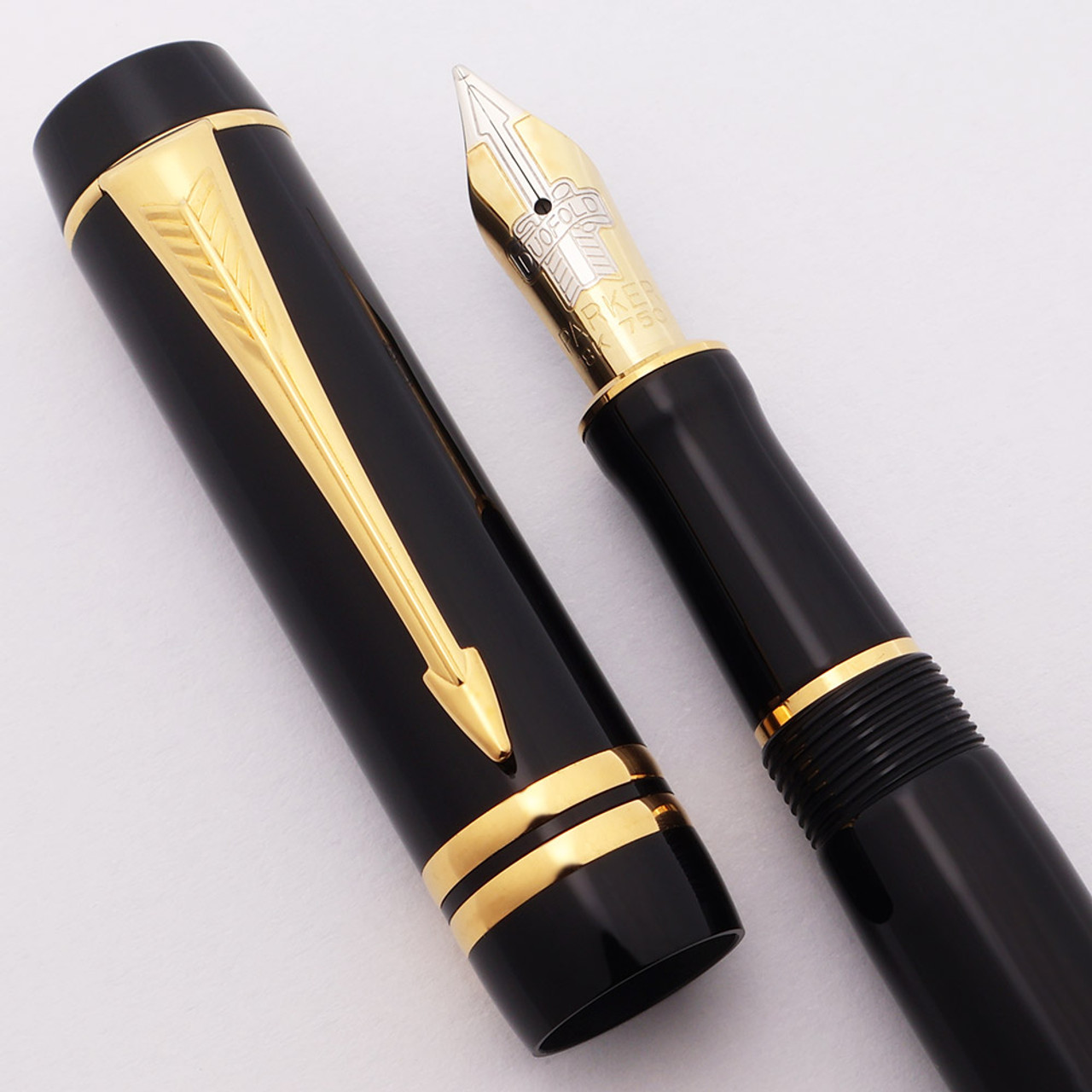 Parker Duofold International Fountain Pen, Mark 2 - Black w Gold Trim, 18k Medium Nib (Near Mint, Works Well)