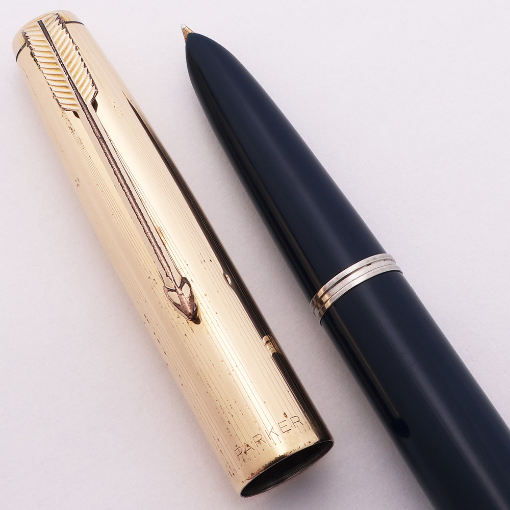 Parker 51 Aerometric (1949) - Midnight Blue, Gold Filled Converging Lines Cap, Fine 14k Nib (Very Nice, Works Well)