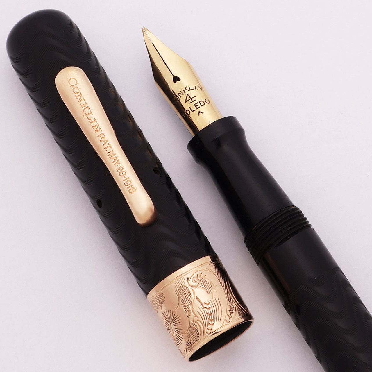 Conklin Crescent 40 Fountain Pen - Large BCHR, Wide Engraved Cap Band, Flexible Fine 14k Nib (Superior, Restored)