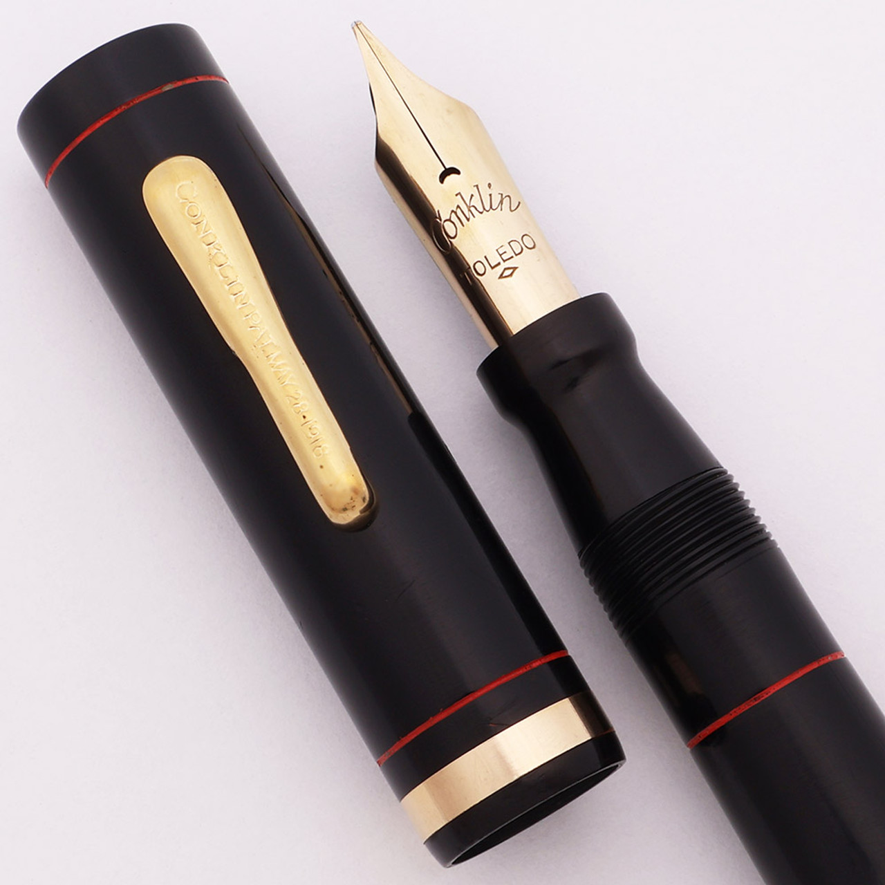 Conklin Endura Oversize Fountain Pen (1920s) - Black w/GT, Lever Filler, Endura Medium Semi-Flex Nib (Excellent +, Restored)