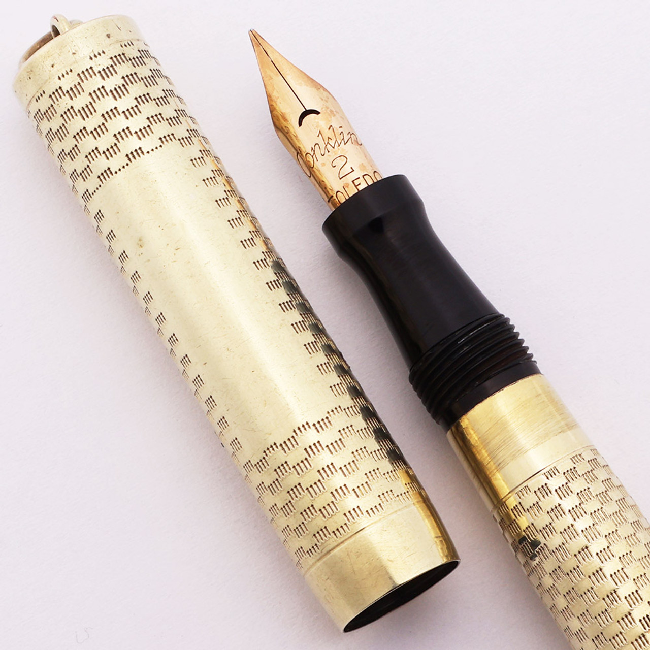 Conklin Crescent 2 Fountain Pen - Checked Gold Filled Overlay, Flexible Medium 14k #2 Nib (Excellent, Restored)