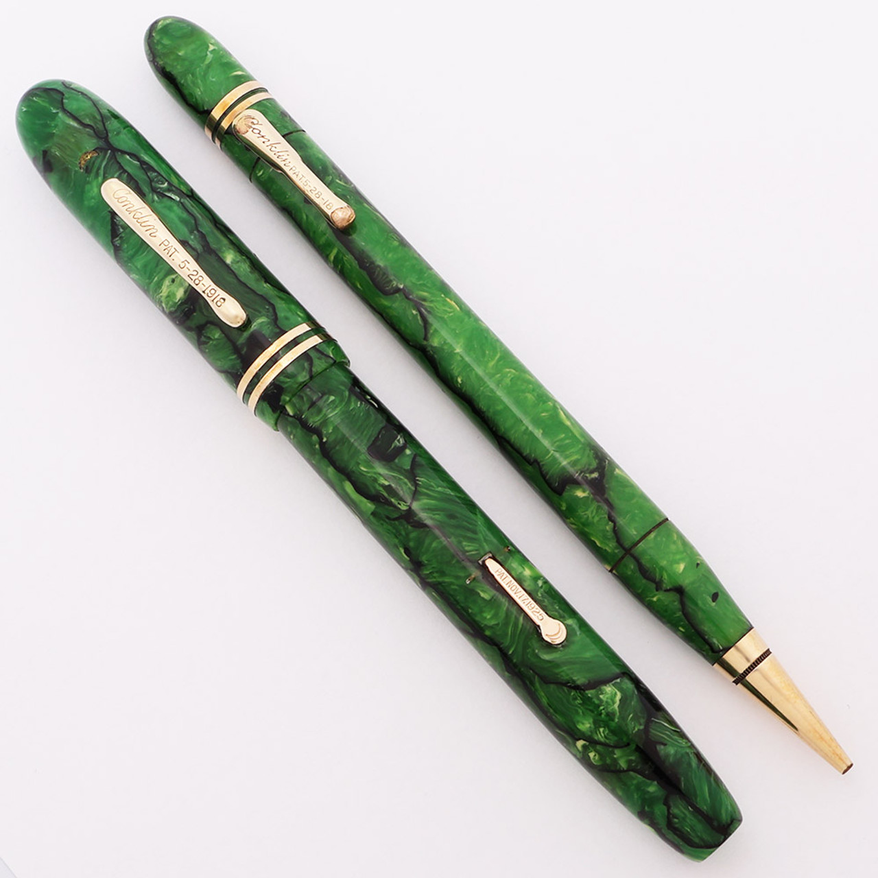 Conklin Endura Symetrik Oversize Fountain Pen Pencil Set (1930s) - Jade Green with Black Veins, Lever Filler, Medium Nib (Excellent, Restored)