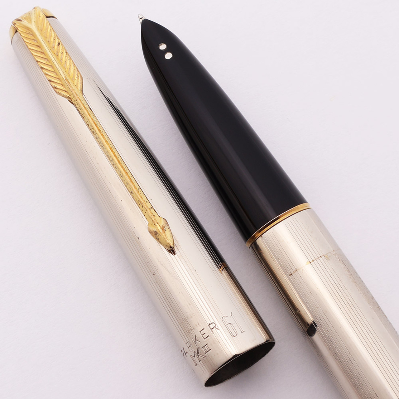 Parker 61 MKII Aerometric Fountain Pen (Argentina) - Lined Chrome, Gold Clip, Pearl Jewels, Fine Steel Nib (Very Nice, Works Well)