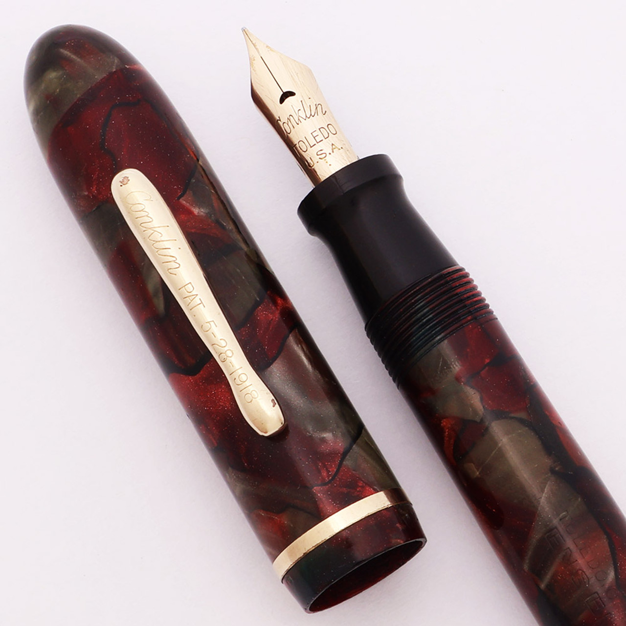 Conklin Ensemble Combo Fountain Pen (1920's/30s) -  Ruby Red Marble, Lever Filler, Fine Toledo Nib (Excellent, Restored)