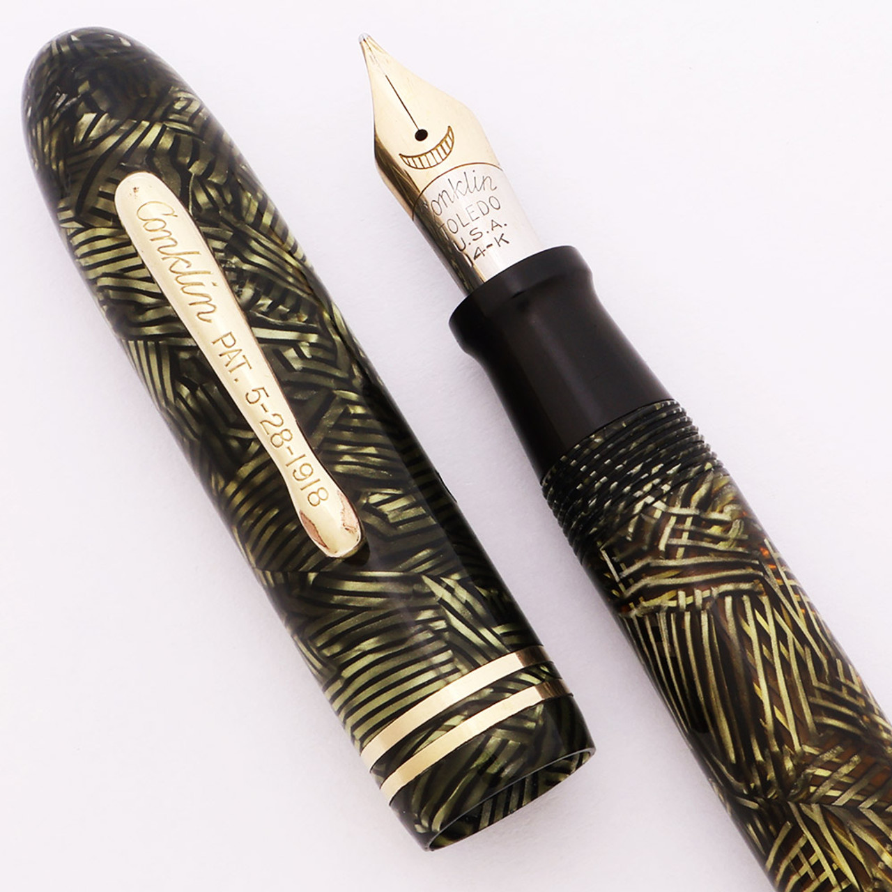 Conklin Symetrik Fountain Pen  (1930s) - Green Hatch Pattern, Lever Filler,  Medium 14k Two-Tone Nib (Excellent, Restored)