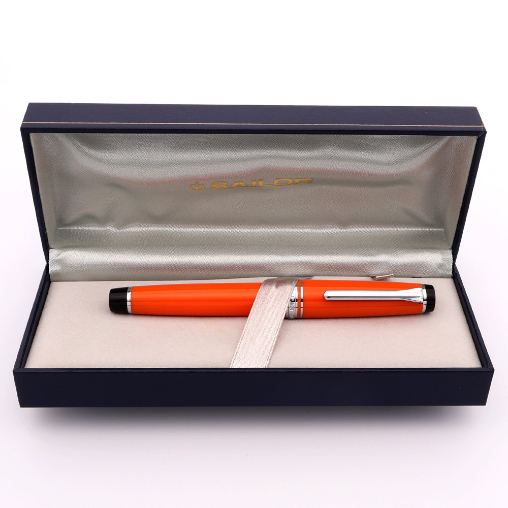 Sailor Pro Gear 21k Fountain Pen - Orange w Rhodium Trim, Black Ends, Standard Size, 21k H-F Nib (Near Mint in Box, Works Well)