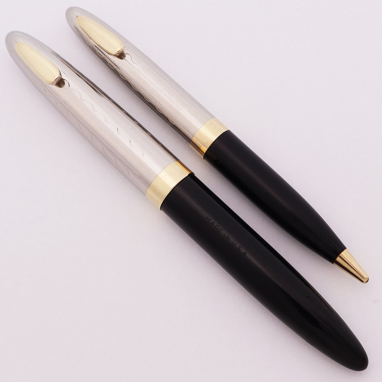 Sheaffer Tuckaway Sentinel Fountain Pen & Pencil Set (1949) - Black w/Stainless Squiggly Line Pattern Steel Caps and GT, Touchdown, Fine 14k Triumph Nib (Excellent +, Restored)