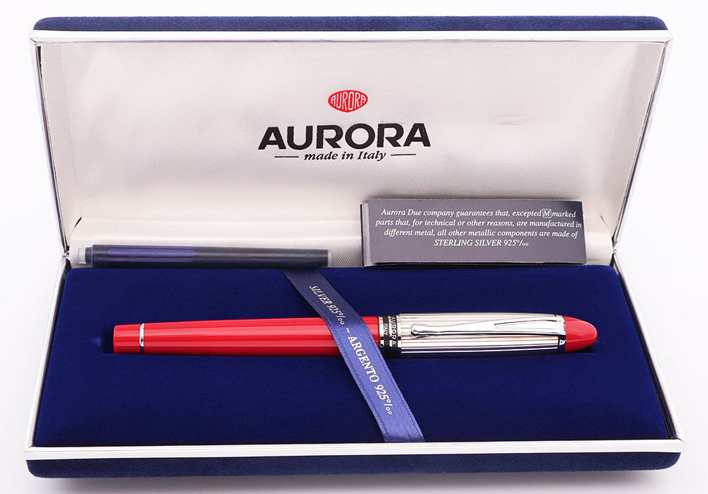 Aurora Ipsilon Sterling Collection Fountain Pen - Red with Sterling Silver Lined Cap, C/C,  Extra-Fine Steel Nib (Excellent + in Box, Works Well)