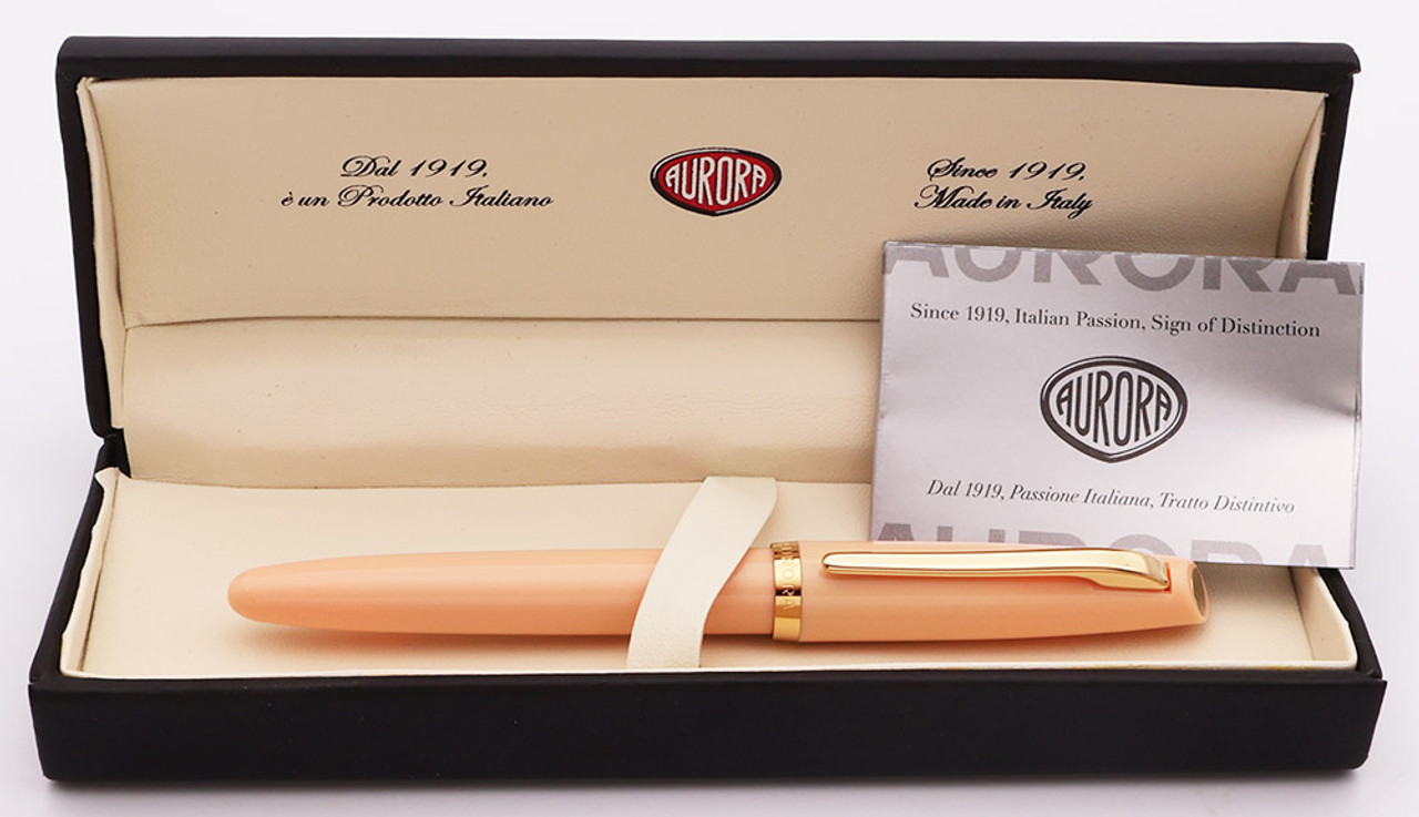 Aurora Style Gemstone Fountain Pen - Rose Quartz w/GP Trim, C/C, GP EF Steel Nib (Excellent In Box, Works Well)