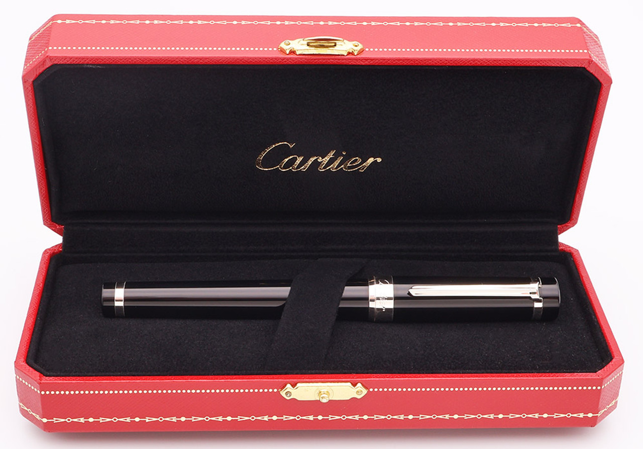 Pasha de Cartier Fountain Pen - Black w Platinum Trim, C/C, Medium 18k Nib (Excellent in Box, Works Well)