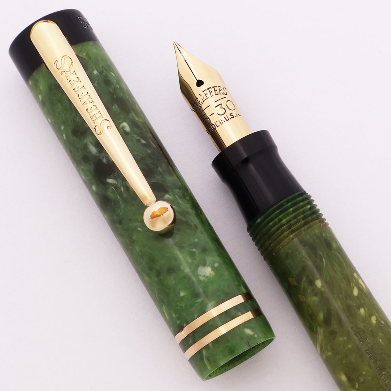 Sheaffer 5-30 Flat Top (1930s) - Jade Green w/GT, Black Ends, Junior Size, Fine 5-30 Nib (Excellent, Restored)