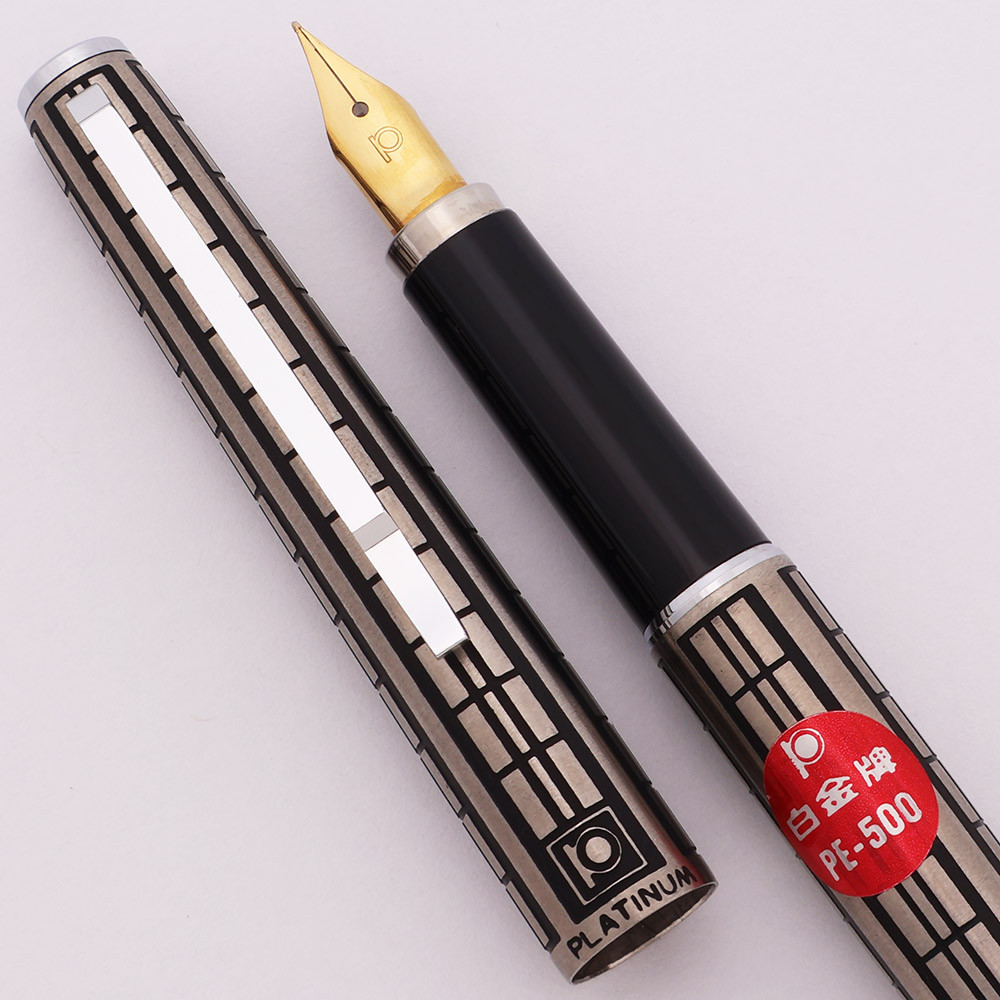 Platinum PE-500 Fountain Pen (1980s?) - Stainless and Black Grid, C/C,  Gold Plated Fine Nib (Near Mint, Works Well)
