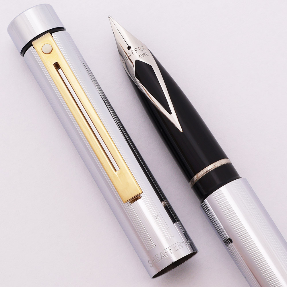 Sheaffer TARGA 1000X Fountain Pen (Australia) - Mirror Chrome Lined Pattern, Gold Trim, C/C, Fine Steel Nib (Excellent, Works Well)